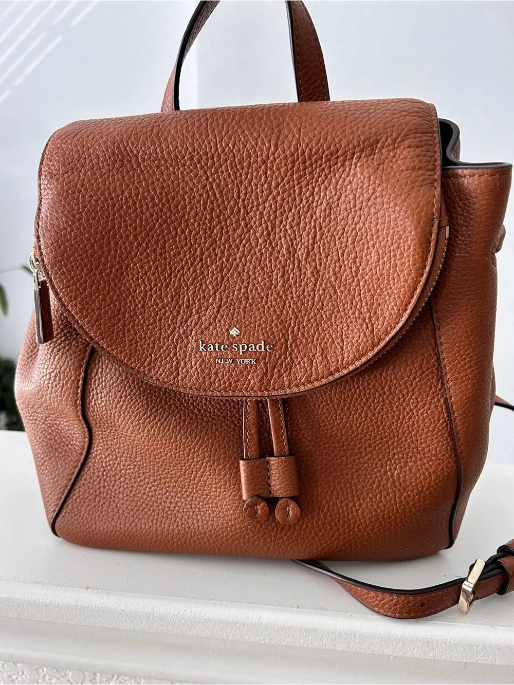 kate spade Pebbled Leather Backpack in Cognac Brown